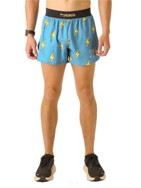 ChicknLegs Men's Blue Lightning Bolt 4" Split Running Shorts Size Small